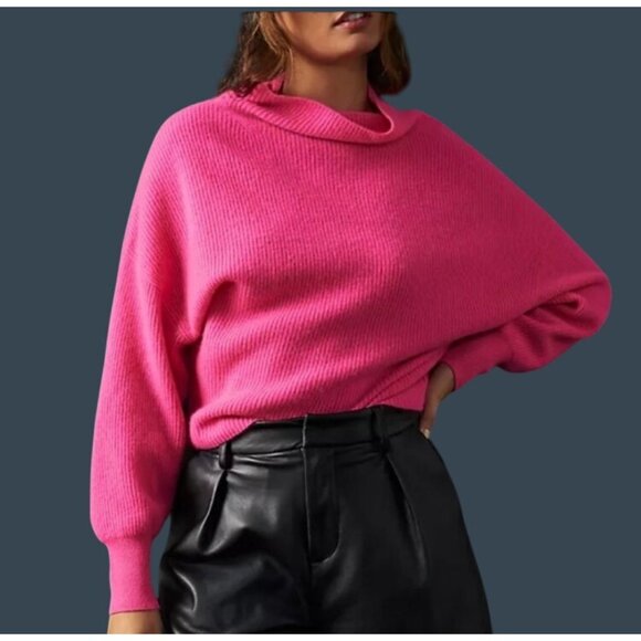 PILCRO Pink ribbed Cashmere funnel cowl neck dolman Sweater neon pink women’s L - Picture 1 of 10